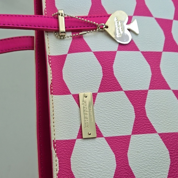 KATE SPADE BOW TOTE w/ Kate spade charm pink & white bow pattern 17 x 10 in - Picture 3 of 16